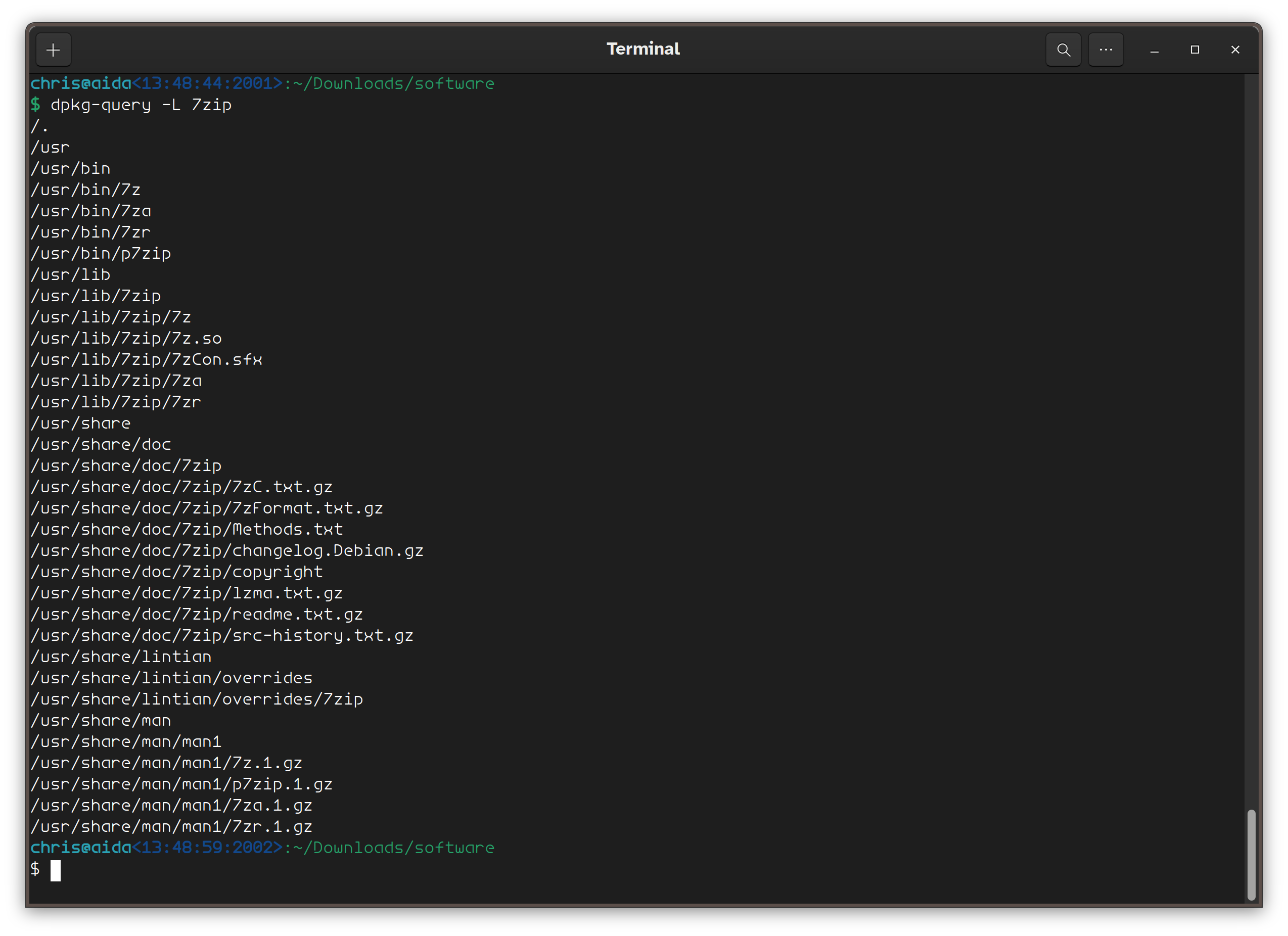 shell command dpkg-query -L with output of the command showing locations of all files intalled with the package
