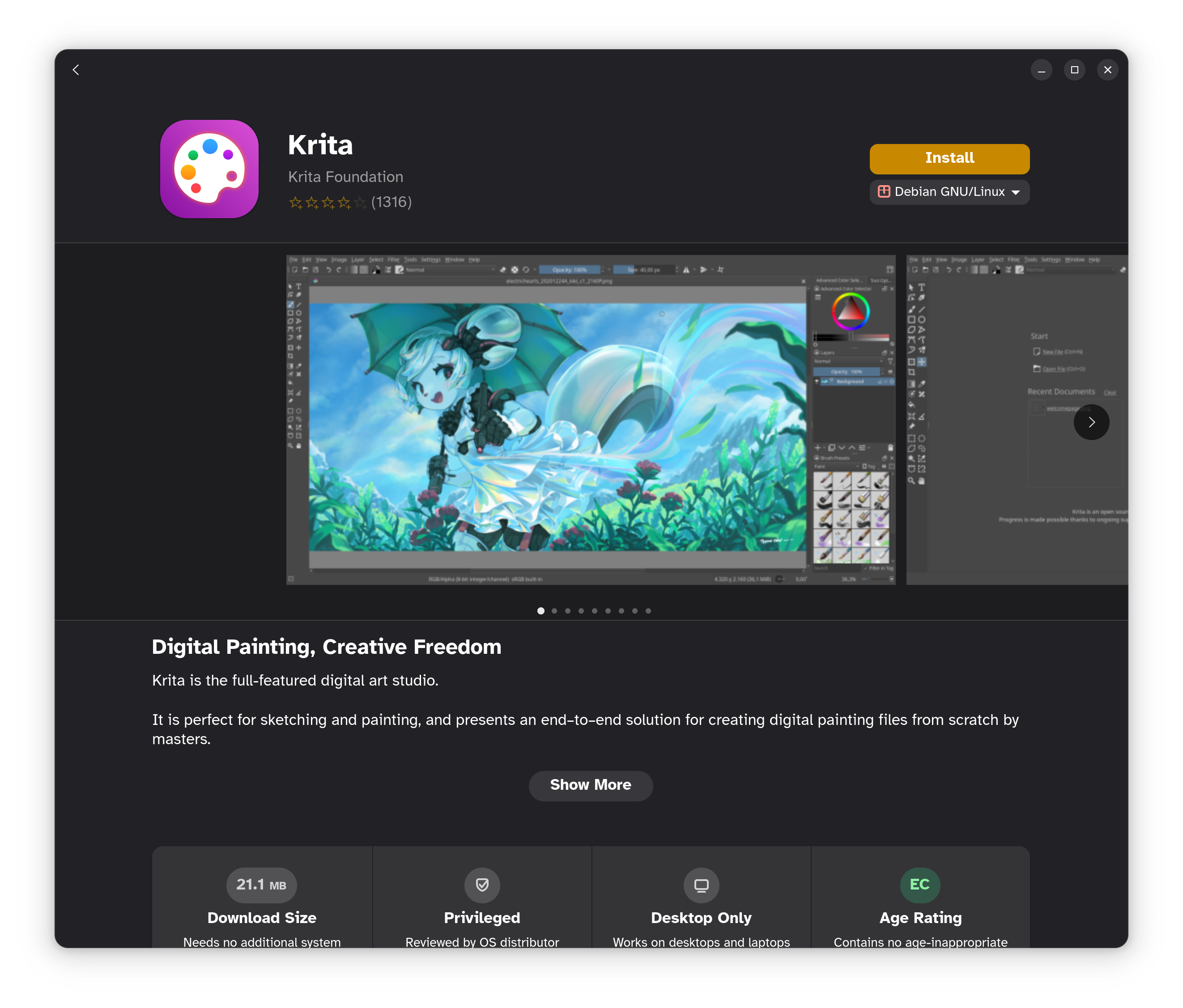 Gnome Software page for Krita
