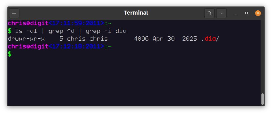 shell command: ls -al | grep ^d | greo -i dia with output show the .dia directory